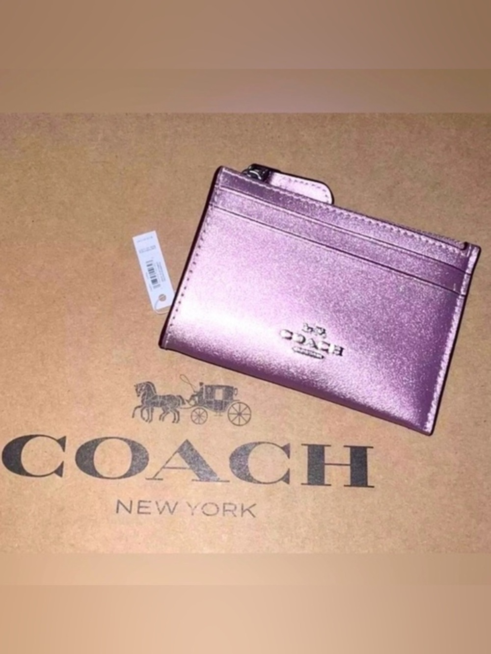 COACH Pink Metallic Leather Mini Skinny ID Case Cardholder Keychain Wallet NWT